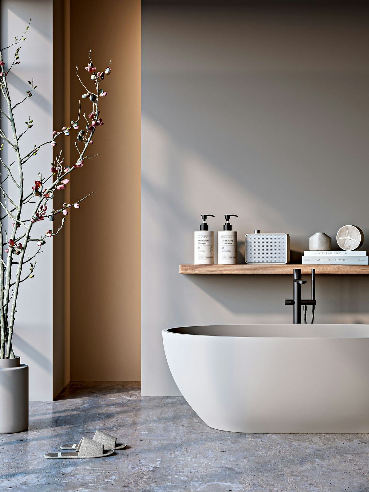 A minimalist bathroom in soft natural morning light