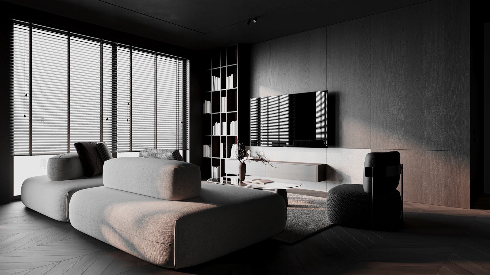 A modern living room with clean floors and natural light